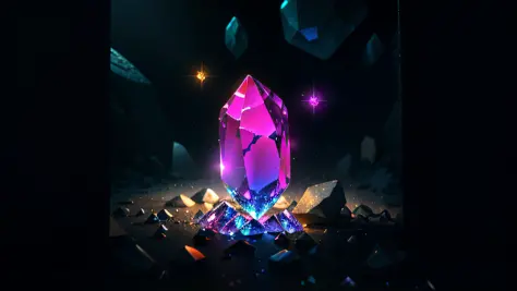 brightly colored crystal on a rock in the dark, glowing crystal on a rock, glowing crystals on the ground, glowing crystals, neon rainbow quartz, dimly glowing crystals, luminous sparkling crystals, made of crystal, magical crystals, crystals enlight the s...
