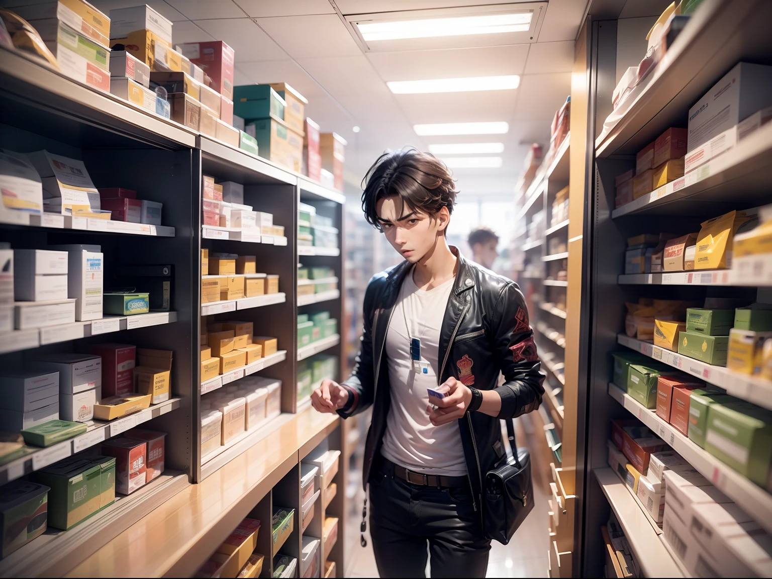 Young men go to pharmacies to buy medicines, and the shelves are full of all kinds of medicines