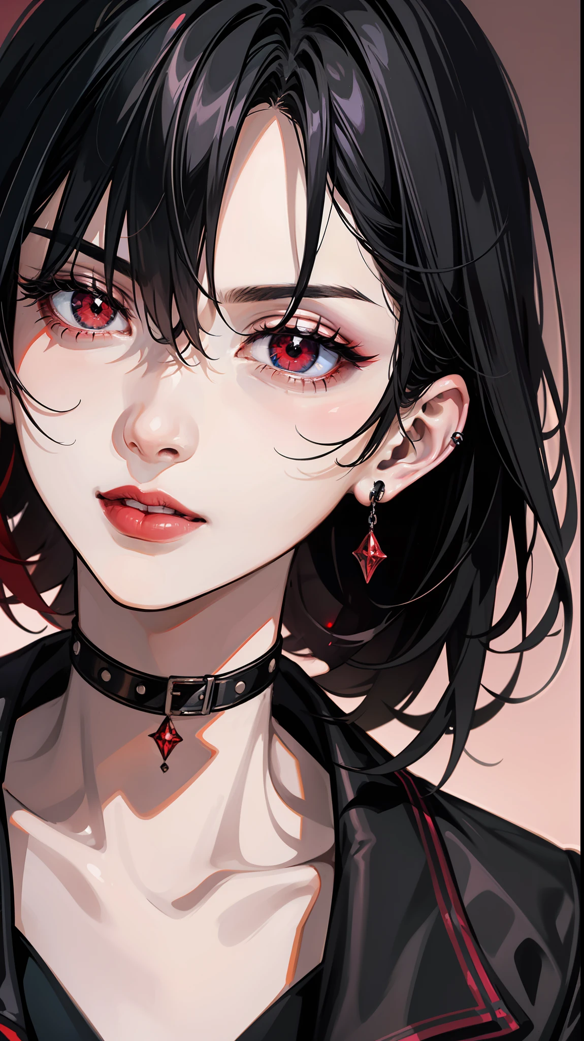 Small wings,Gothic Lolita,,cute,Black hair,Red eyes,Eyes glow,Gothic style,collar,chain,black silk,Goat horn,1girl,solo,Black stockings,pointed teeth,Red Rose,(Evil smile:0.8),proud,Complex pattern,tattoo,black sclera,colored sclera,colored skin,demon wings,demon horns,slit pupils,Medium breasts,(Cleavage:0.3),strap between breasts,unaligned breasts,female,beltbra,layered dress,(pointing to mouth:1.3),(Open your mouth:1.2),Eyes looking down,From above,Dynamic lens,2 hands,breastplate,