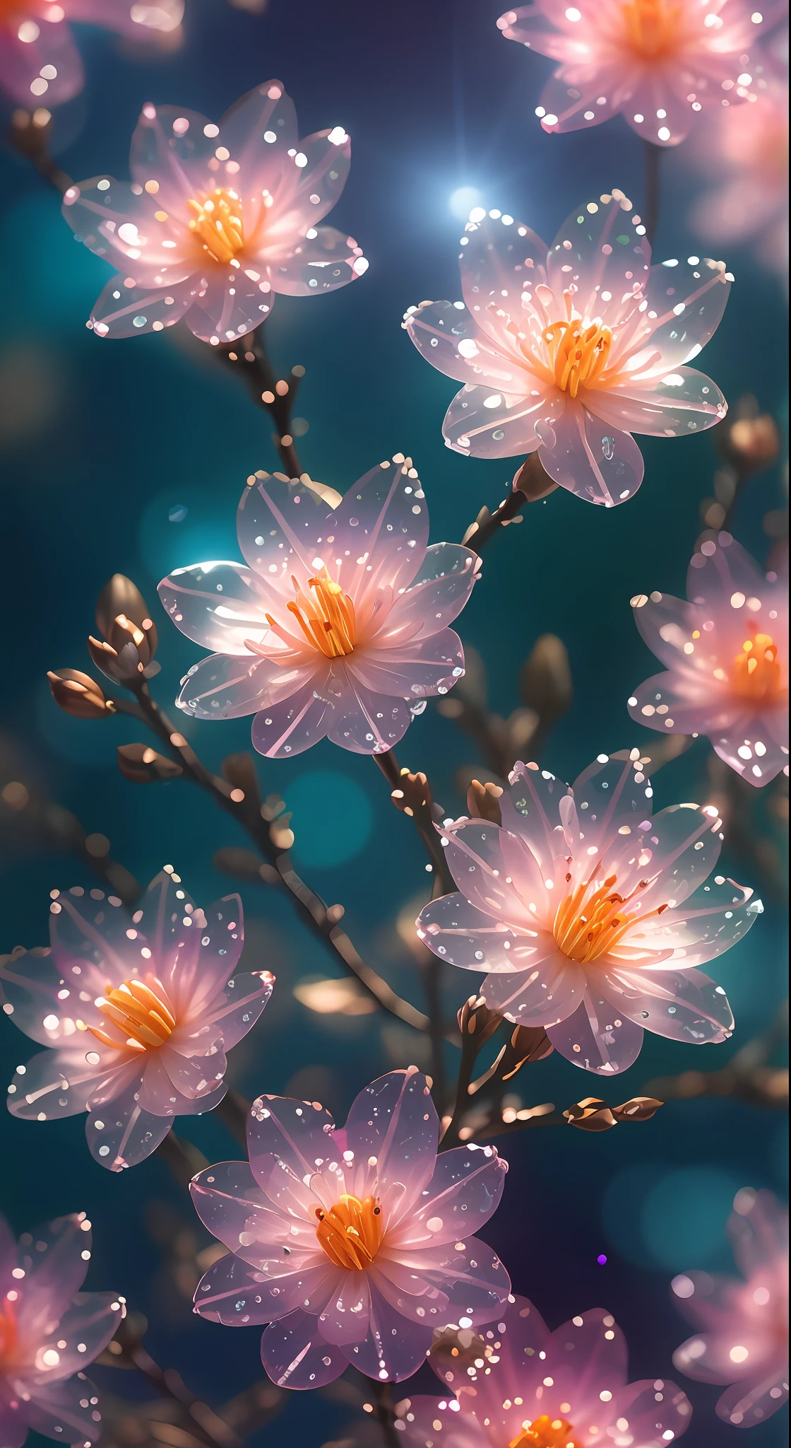 there are many pink flowers with water droplets on them, glowing delicate flower, magical flowers, glowing flowers, luminous flowers, sparkling petals, surreal waiizi flowers, glowing neon flowers, beautiful flowers and crystals, with bloom ethereal effects, paul barson, rendered in redshift, magical colorful flowers, ethereal beauty, lily flowers. 8 k, soft flowers