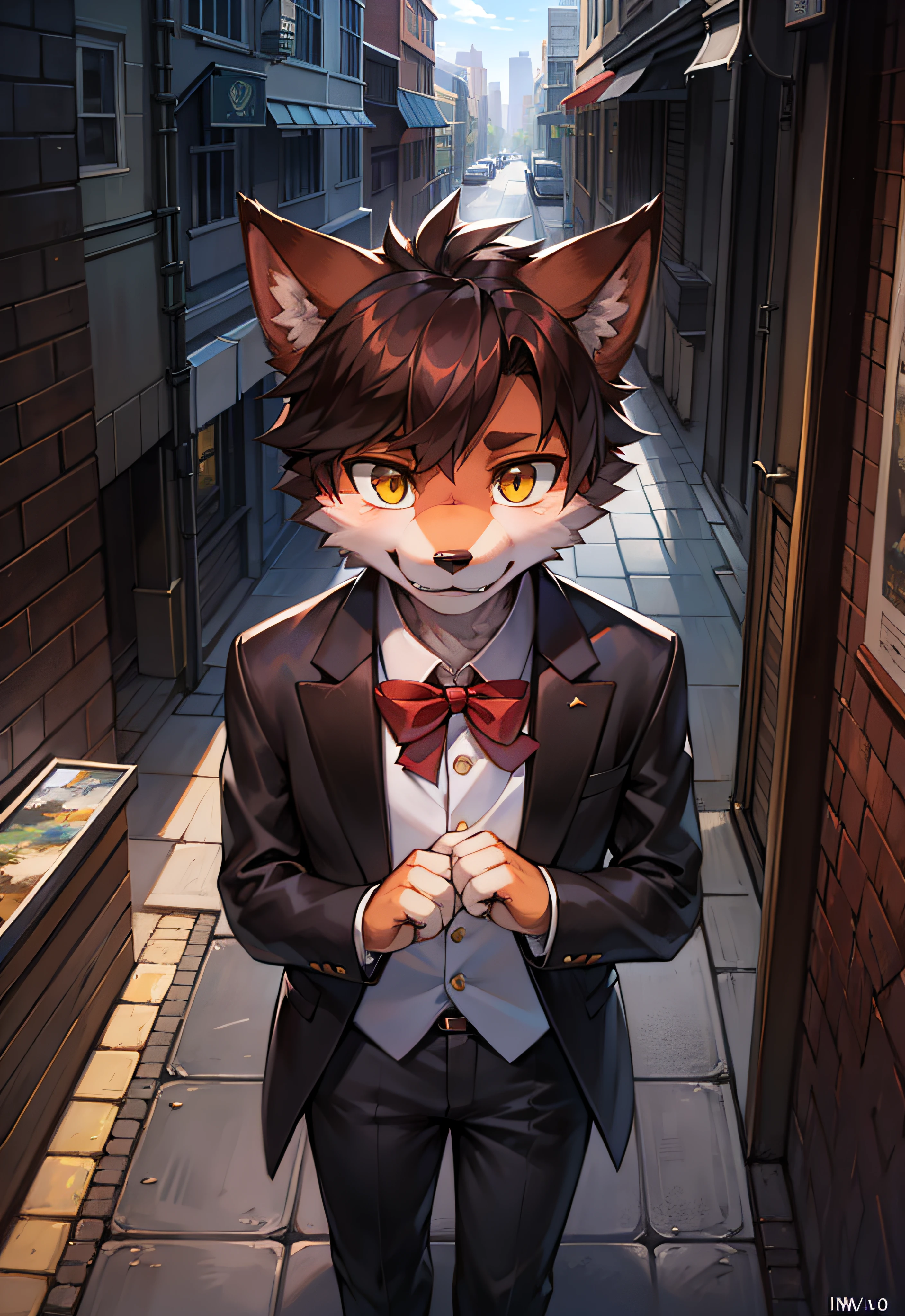 (Furry Art), (Masterpiece: 1.3), (Best Quality: 1.2), (2D: 1.0), (Anime: 1.0), (Illustration: 1.0), (Sharp: 1.2), (light_environment), (City), (Clear, Shiny: 0.8), (Impasto: 1.1), (Ultra Detail: 1.0) (1 Boy, Solo Exhibition), Dark Brownish Red, (Human Furry: 1.6), (anthro_male_ wolf: 1.2), yellow iris, bright eyes, (dark brown-red fur: 1.6), tuxedo, trousers, POV from below