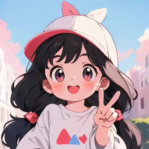 Anime girl with hat and white shirt as peace sign, cute kawaii girl, cute anime girl, cute art style, cute anime style, high qua...