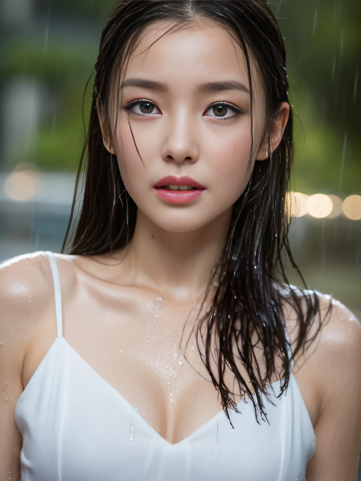 (Top quality, 4k, Masterpiece:1.3), Pretty woman, 1 woman, (breasts, attractive body:1.2), abs:1.1, dark brown hair:1.1, (rainy wet, wet in the rain, wet torso: 1.2), very fine face, delicate lips, delicate eyes, double eyelids, sparkling eyes, sparkling lips,