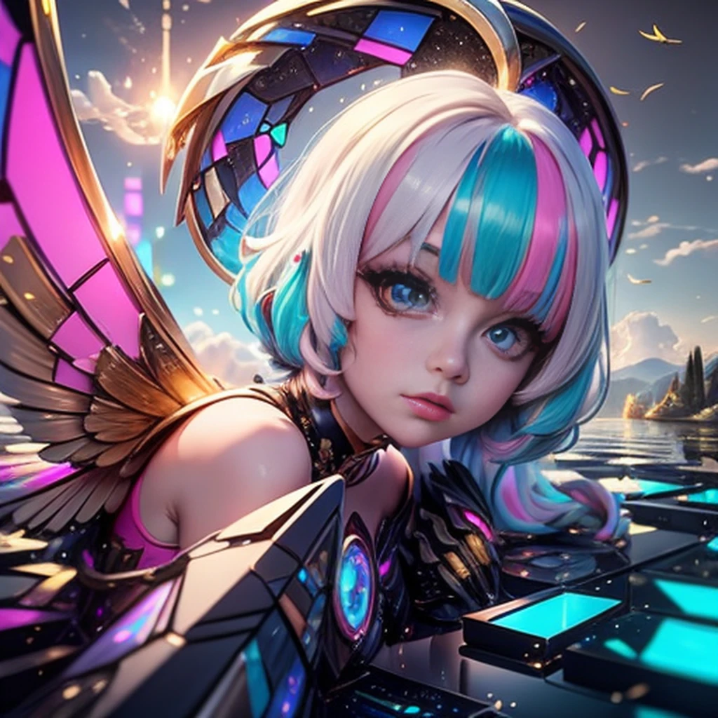 Masterpiece, {beauty},solo,1 girl, pink dress, golden pupils,fantastic hair, neon background white wings, cloud background, lake blue hair