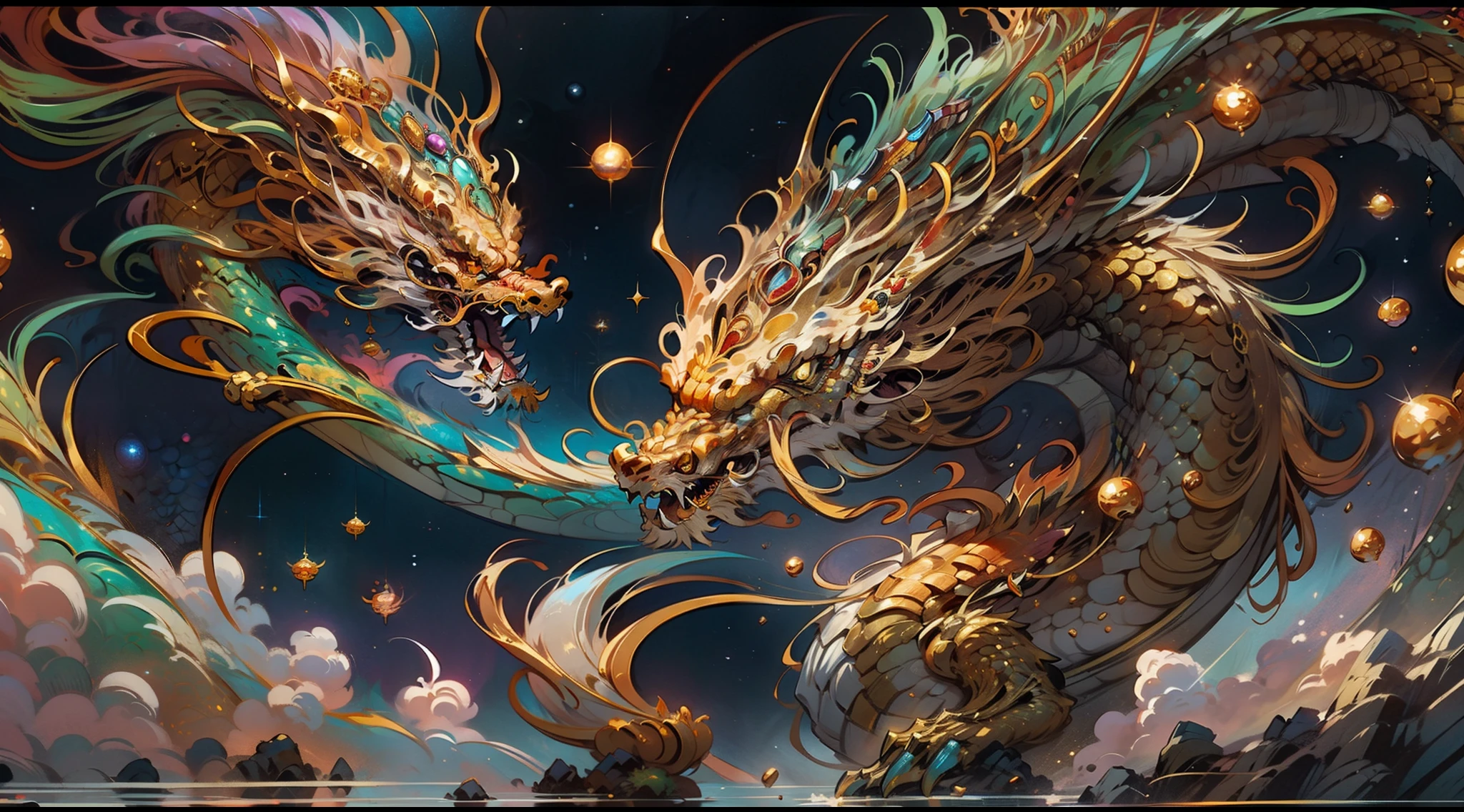 dragón dorado de cinco garras, auspicioso rui, sabiduría, universo profundo, dinámica, Realista