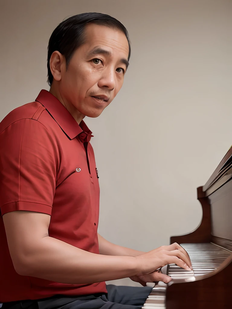 4k, Best quality, masterpiece, ultra high res, beautiful lighting, (realistic, photo-realistic:1.4), realistic background,  jokowi, 1man, 50 years old, playing piano