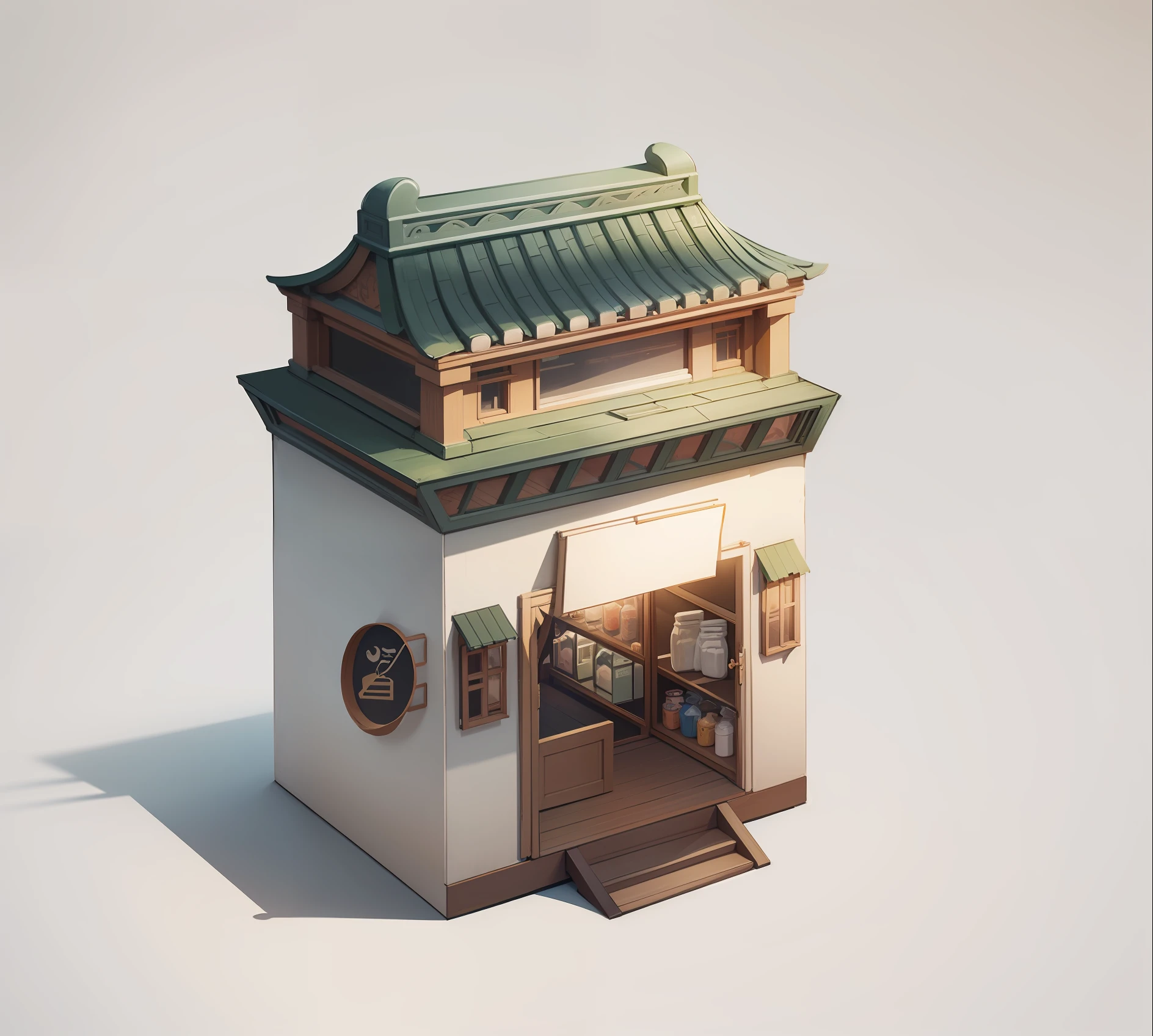 Illustration of a small building with doors and windows, concept art of Li Jae, pixiv, Minyi, Chinese architecture, Ruina Library concept art, small building, high detail store, extremely detailed architecture, convenience store, store, Ghibli color, white background