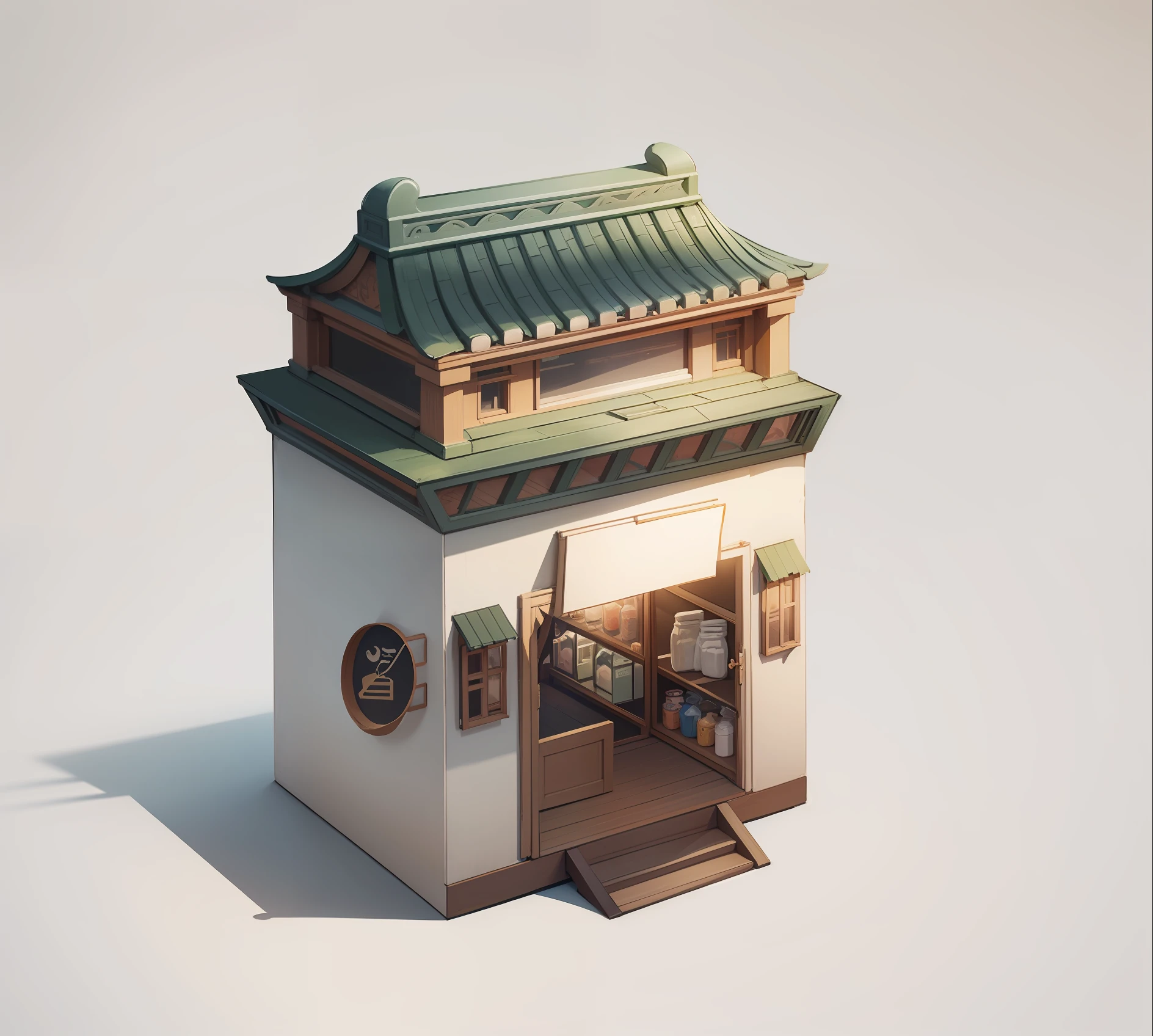 Illustration of a 小さな建物 with doors and windows, 李在のコンセプトアート, ピクシブ, ミンイ, 中国建築, ルイナ図書館のコンセプトアート, 小さな建物, high detail 店, 非常に詳細な建築, convenience 店, 店, ジブリカラー, 白色の背景