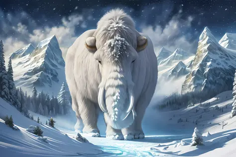 (((best quality))),(((ultra detailed))),(((masterpiece))),illustration, An incredibly detailed and realistic painting depicting the Ice Age, featuring a majestic woolly mammoth traversing the frozen landscape, surrounded by towering ice and snow-capped mou...