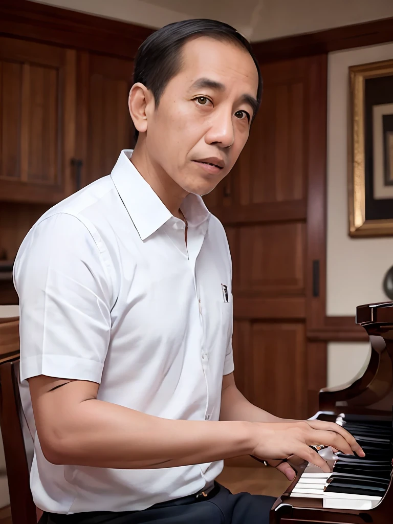 4k, Best quality, masterpiece, ultra high res, beautiful lighting, (realistic, photo-realistic:1.4), realistic background,  jokowi, 1man, 50 years old, playing piano