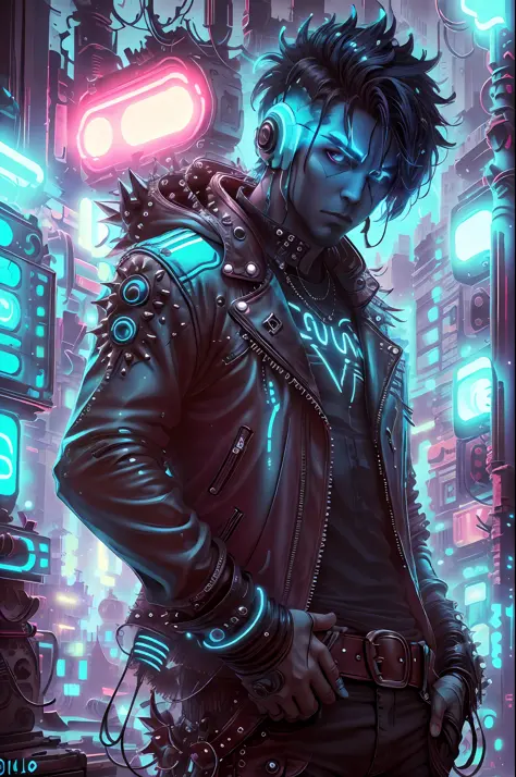 A blue punk man ((neon)) with spiky hair and a leather jacket, holding a guitar in one hand, in the BlueAP style, realistic,