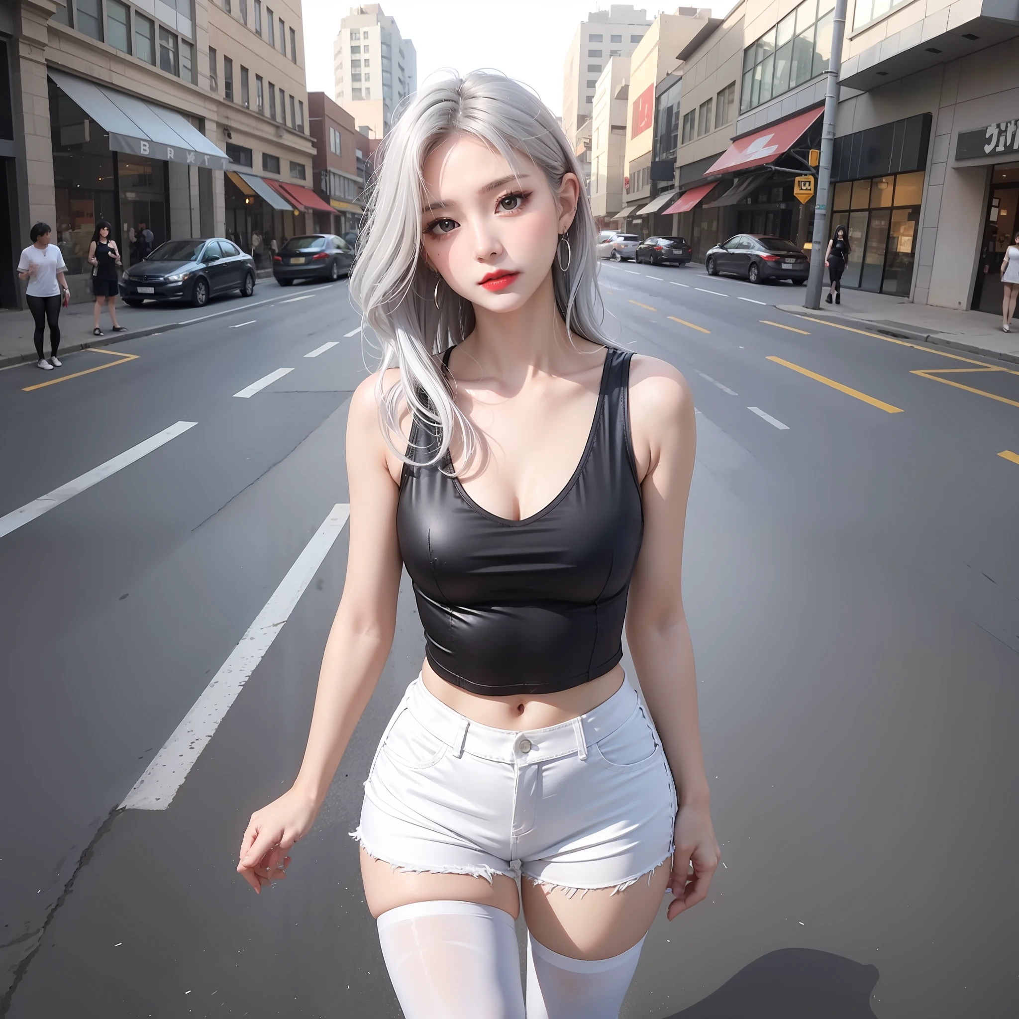 Urban beautiful girl, masterpiece, light makeup, red lips, silver hair, messy long hair, street background, beautiful, elegant. Super fine details, master works, real texture, cinematic lighting realism, perfect work, 8k, HD, exquisite facial features, white tight open-cut top, transparent white tight shorts, black tights, slim figure, pear-shaped body, round hips, slender small man's waist, sexy chest, vest line, collarbone, bright big eyes, smooth skin, earrings, tattoos, slender long legs