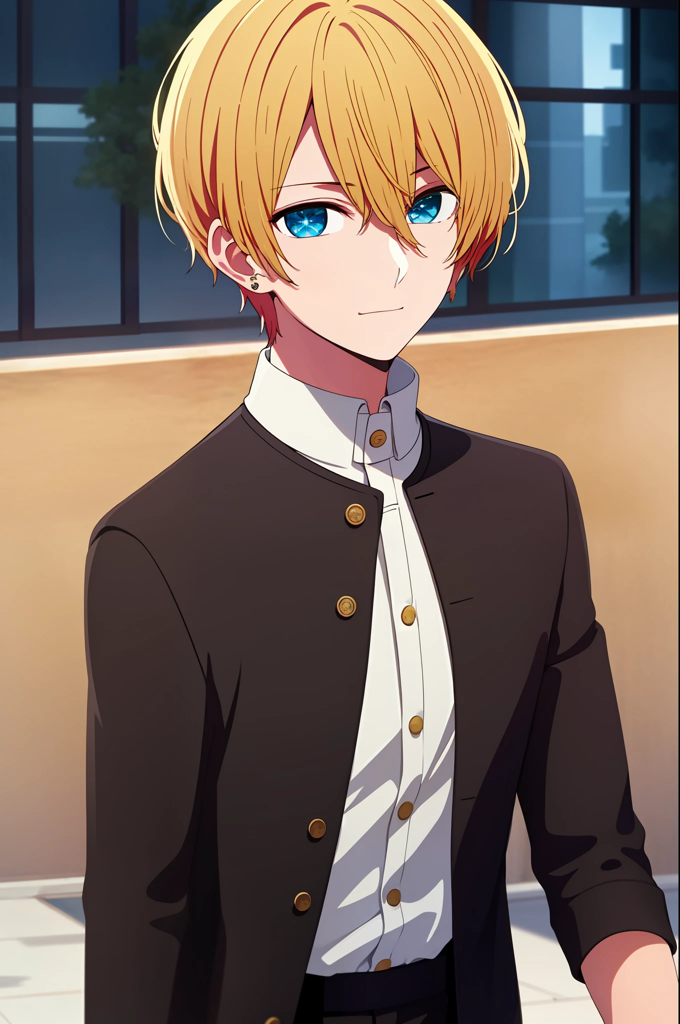 masterpiece, best quality, high quality, 1boy, solo, male focus, looking at viewer, upper body, hoshino_aquamarine, blazer, ear piercing, gakuran, jacket, park, city road, blonde, long coat,