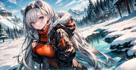 ice age, scenery, 1girl, solo, masterpiece, best quality, large breasts, winter coat, hoody