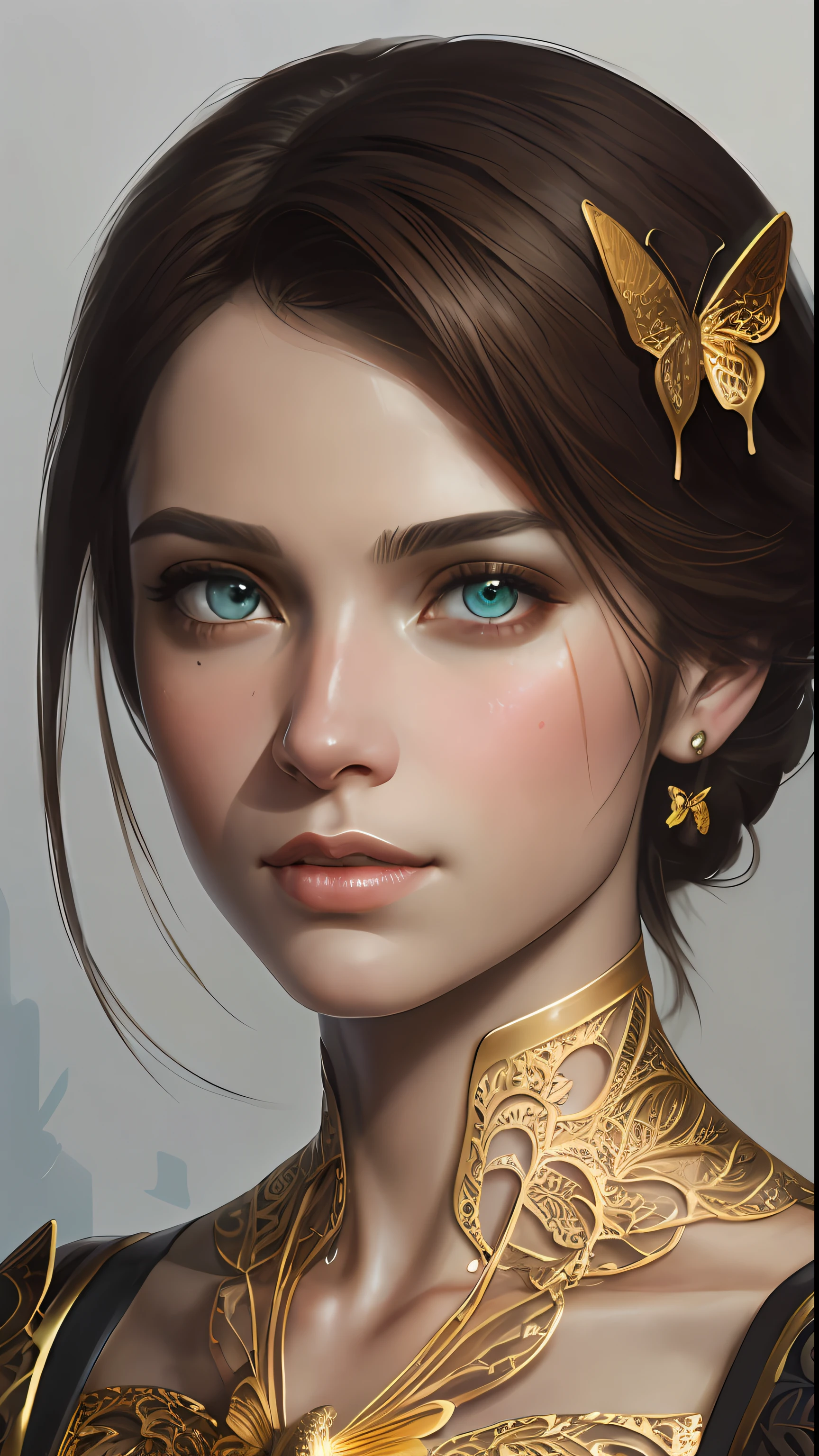 8k portrait of beautiful cyborg with brown hair, intricate, elegant, highly detailed, majestic, digital photography, art by artgerm and ruan jia and greg rutkowski surreal painting gold butterfly filigree, broken glass, (masterpiece, sidelighting, finely detailed beautiful eyes: 1.2), hdr,