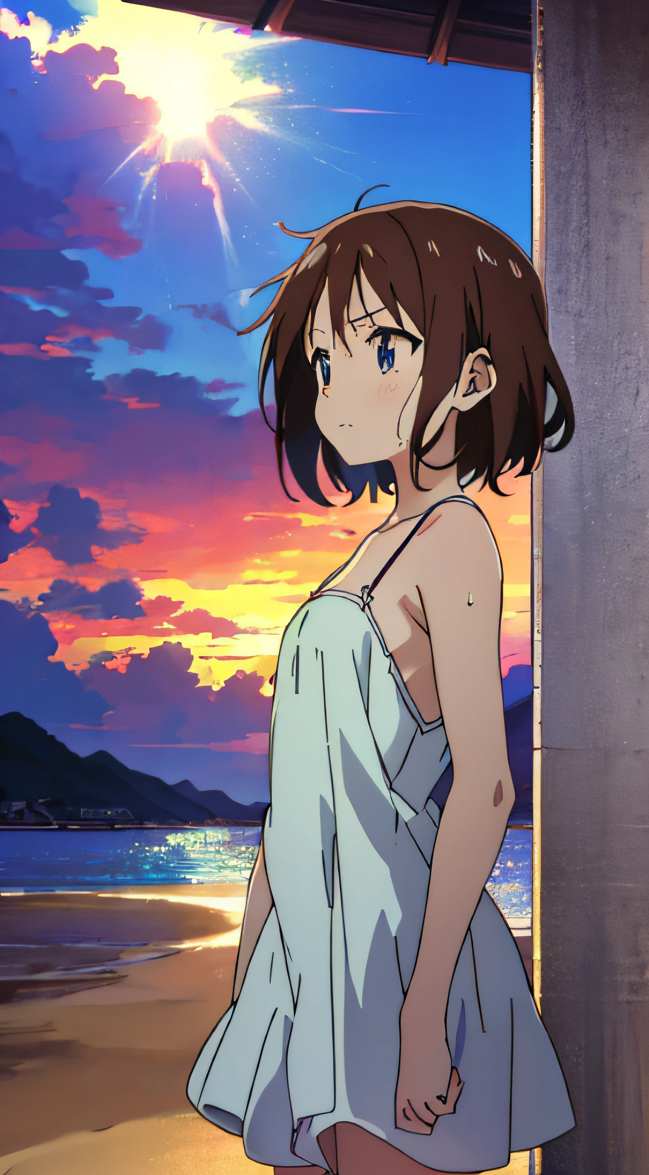 (animado, animado Art Style:1.2) Yuyushiki, chica joven, 13 años, sudoroso, Vestido camisola, playa, luz solar, (mirando hacia otro lado:1.5),cielo azul,Varios movimientos,desde abajo