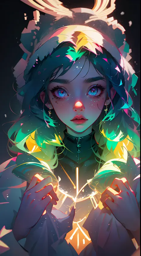 Heavy snow, girl in love, seven colors of the aurora, aura, highlights, neon glow, neon in the hair, neon wires, neon lips, beau...