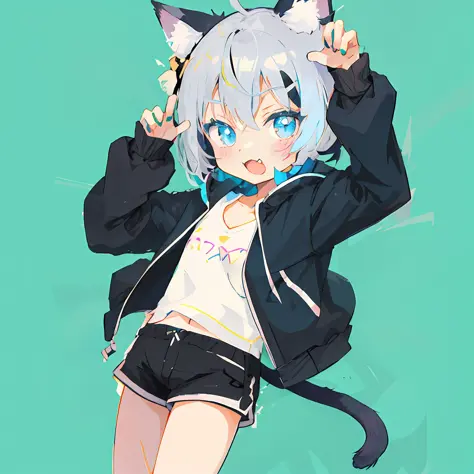 anime girl with cat ears and black shorts posing for a picture, cute anime catgirl, anime catgirl, nyaruko-san, anime girl with ...