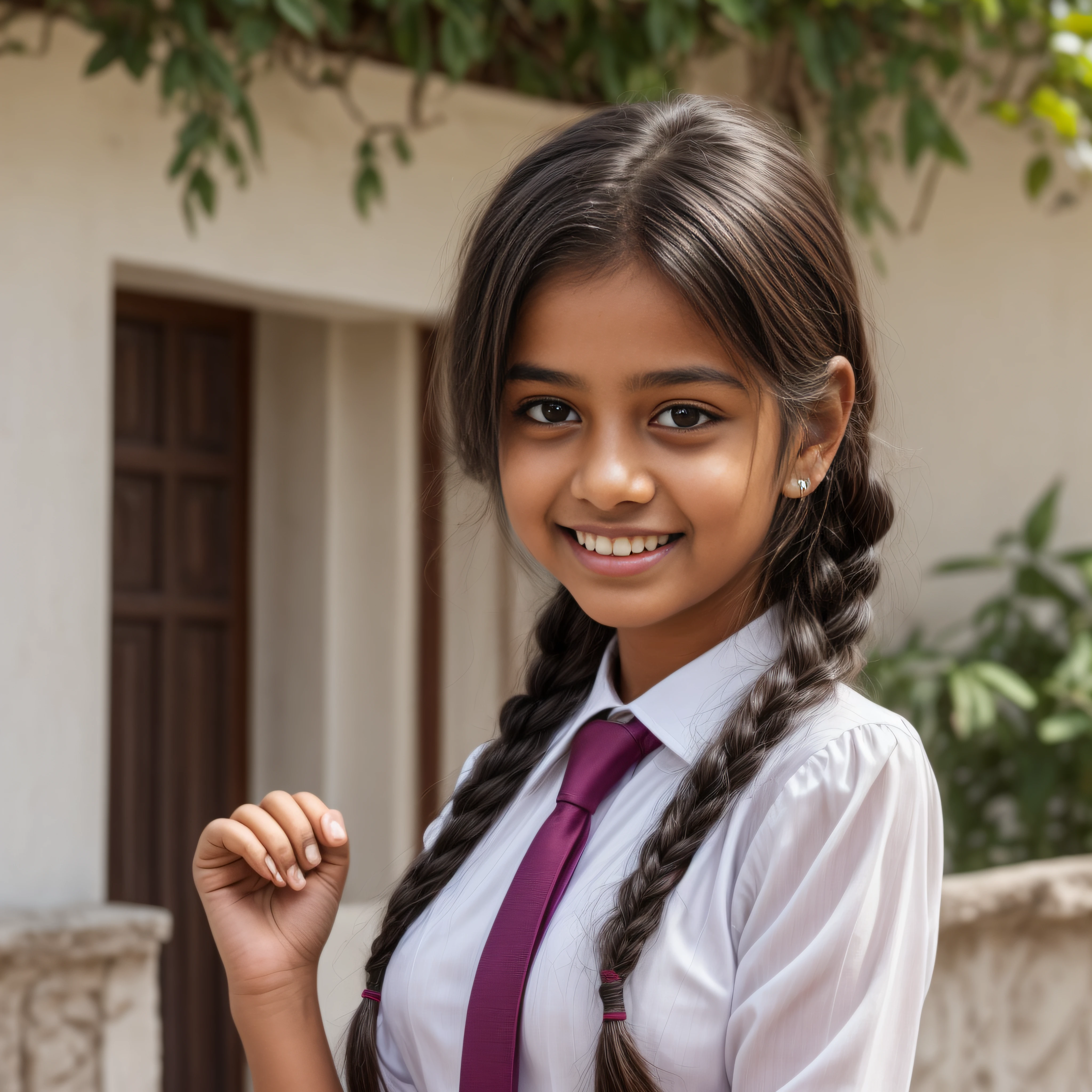 there is a sri lanka school girl in a white frock and a blue tie, girl wearing white frock, wearing school uniform, braided hair ,promo still,  promotional movie still, promotional picture, with lovely look, promotional still, candid picture, school girl, promo image, cute schoolgirl, absolutely outstanding image, with a beautifull smile