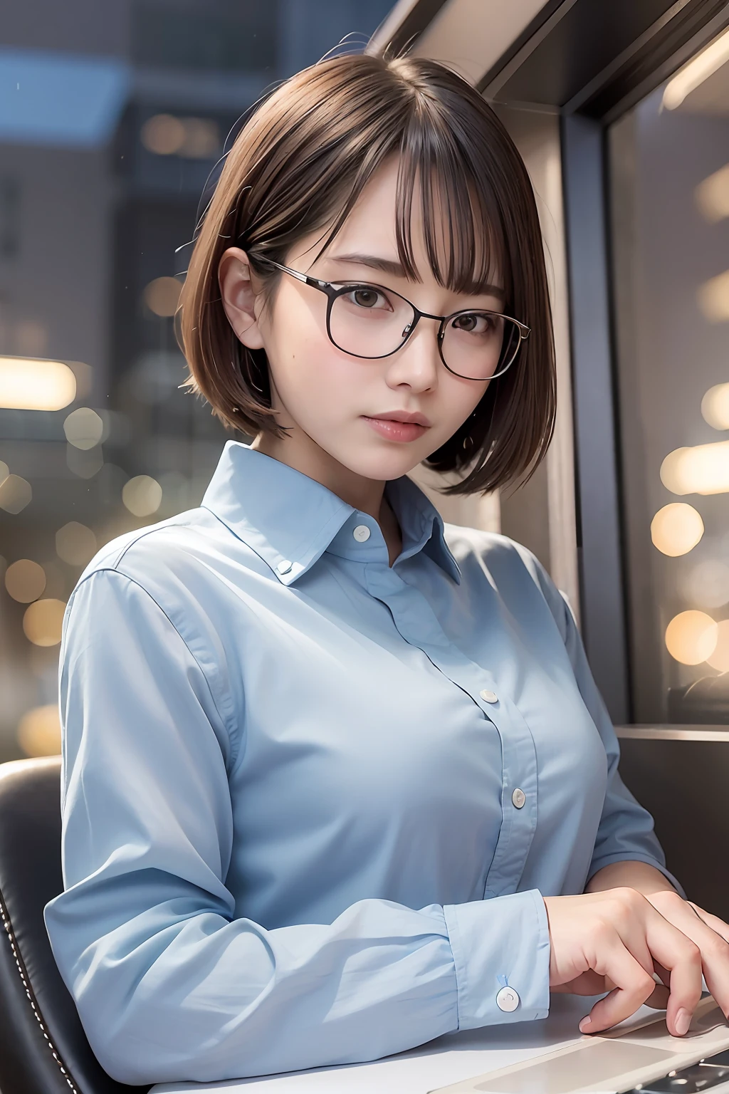 (Super Elaborate CG Unity 8K Wallpaper), (Masterpiece), (RAW Photo, Best Quality), (Realistic, Photorealistic: 1.3), 1 girl, coffee shop, Opaque shirt with white collar, puffy eyes, smile, close-up portrait photo, (glasses), sitting photo,