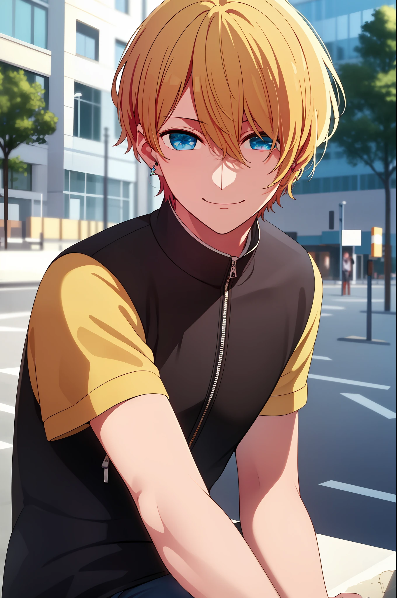 masterpiece, best quality, high quality, 1boy, solo, male focus, looking at viewer, upper body, hoshino_aquamarine, ear piercing, park, city road, blonde, sitting, star shaped symbol on right eye, jacket, cool pose, manly pose, smile, open jacket,