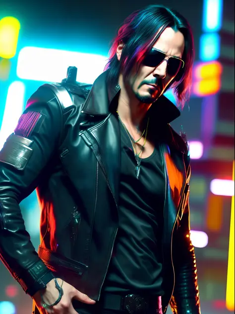 johnny silverhand (keanu reeves) doing a badass pose, night-time, holding aviators in hand, cyberpunk 2077, ultra realistic, 4k ...