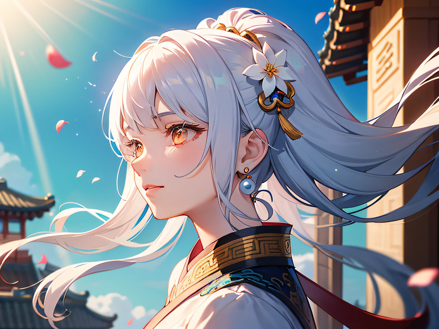 Mature girl, orange eyes, blue-white hair color, floating hair, delicate and flexible eyes, intricate damask hanfu, gorgeous accessories, wearing pearl earrings, fov, f/1.8, masterpiece, ancient Chinese architecture, blue sky, flower petals flying, front portrait shot, Chang'e, side lighting, sunlight on people,