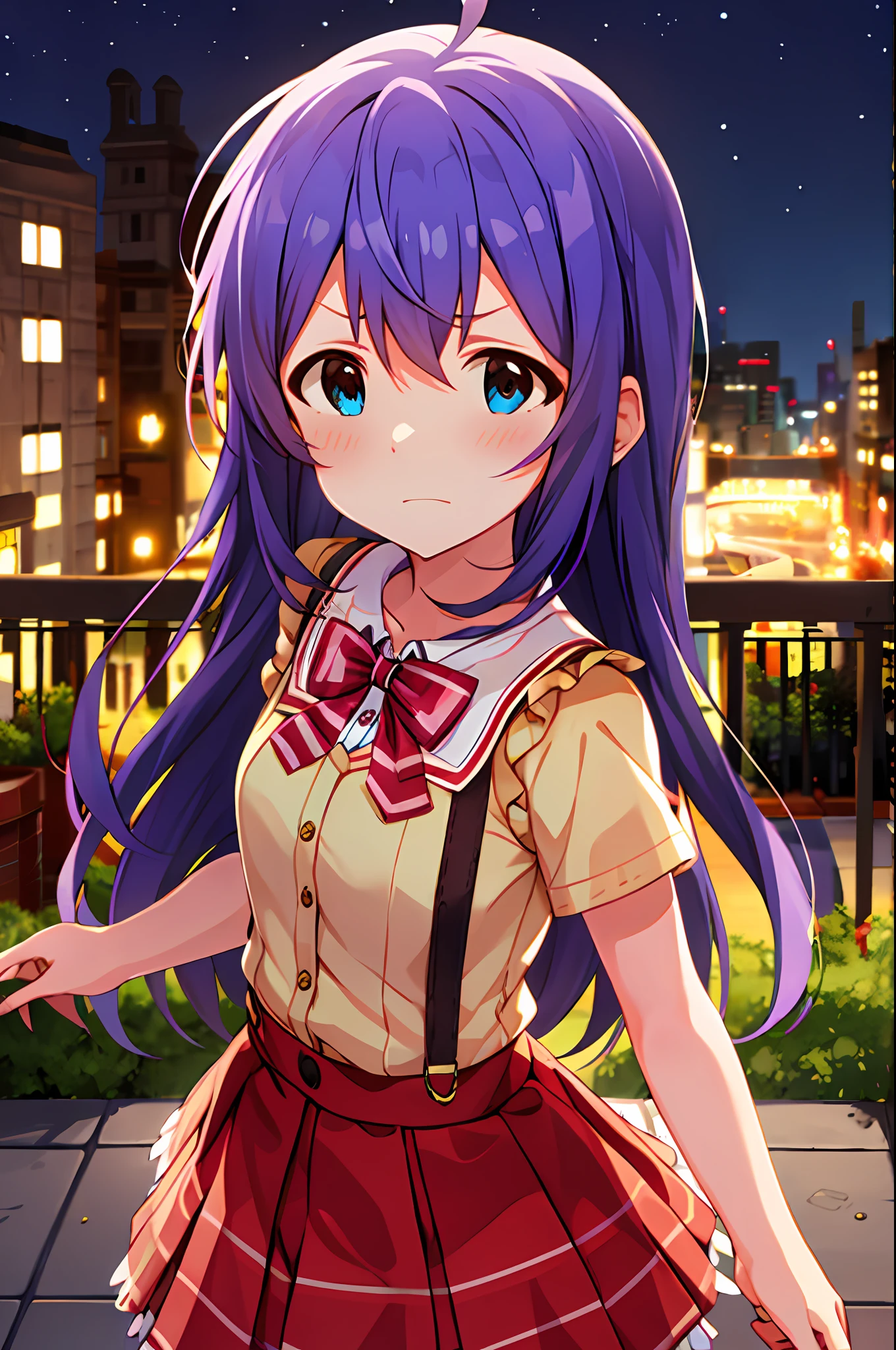 Anna Mochizuki (Million Live), (Top Quality, 8K, Masterpiece, Super Detail: 1.2), 1 Girl, Suspender Clothes.Skirt.Blushing, Clavicle, Bow, Ribbon, Blue Bow.Night.Night View.Outdoors.Chesty.Despair Face.