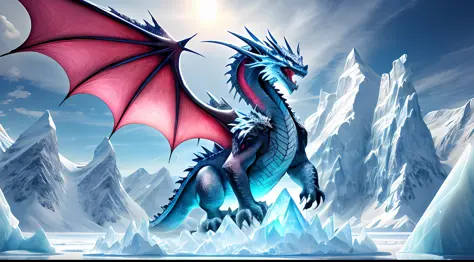 a huge mountain that is encased in a block of translucent frosty ice that has a giant dragon perched on top of the mountain inside of the ice，Iceberg, Frozen Dragon, Open Mouth, Spread Wings, Icicles, Ice Picks, Ice Cubes, Glaciers, Cold Winds, Snow, Detai...