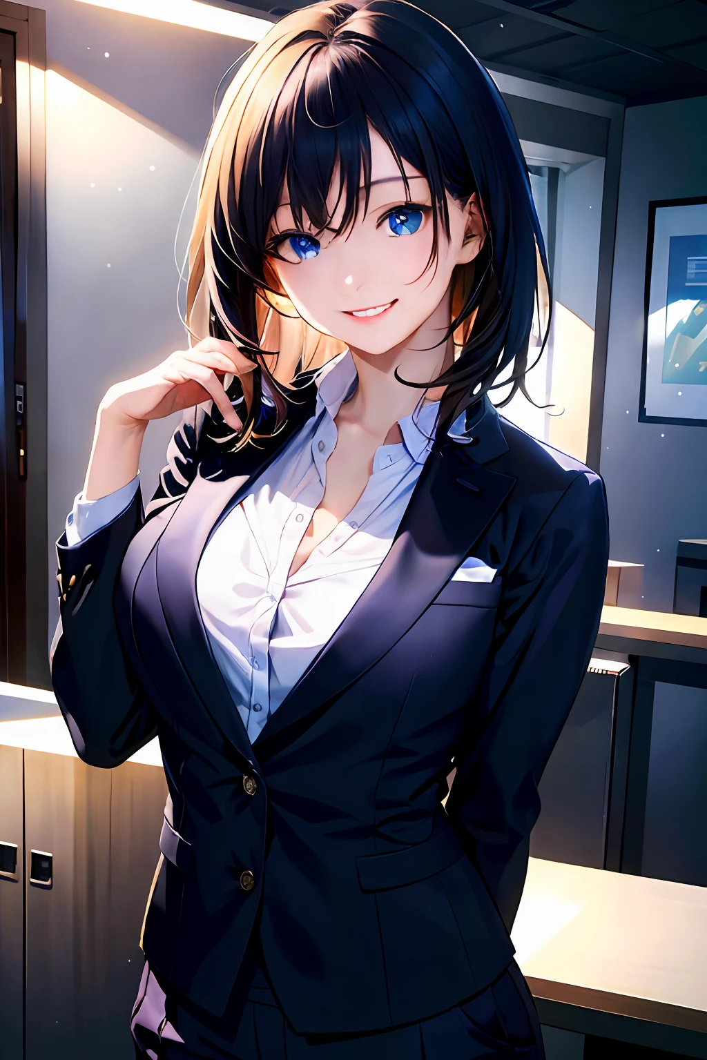 (8k, RAW photo, ultra high res, best quality, masterpiece:1.2), (realistic illustration), (extremely detailed CG unity 8k wallpaper), absurdres,
1 girl,21 yo, beautiful face,medium breasts,black medium hair,smile,tilting head,grin,upper body,slim fit pants,gray tailored jacket,office,upper body、乃木坂アイドル、女優、韓国アイドル