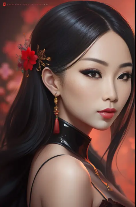 portrait of a beautiful Asian woman, with gorgeous makeup, glossy, 4k, 3D, vibrant color, intricate, elegant, highly detailed, digital painting, smooth, sharp focus, illustration art in the Andrew Gonzalez style