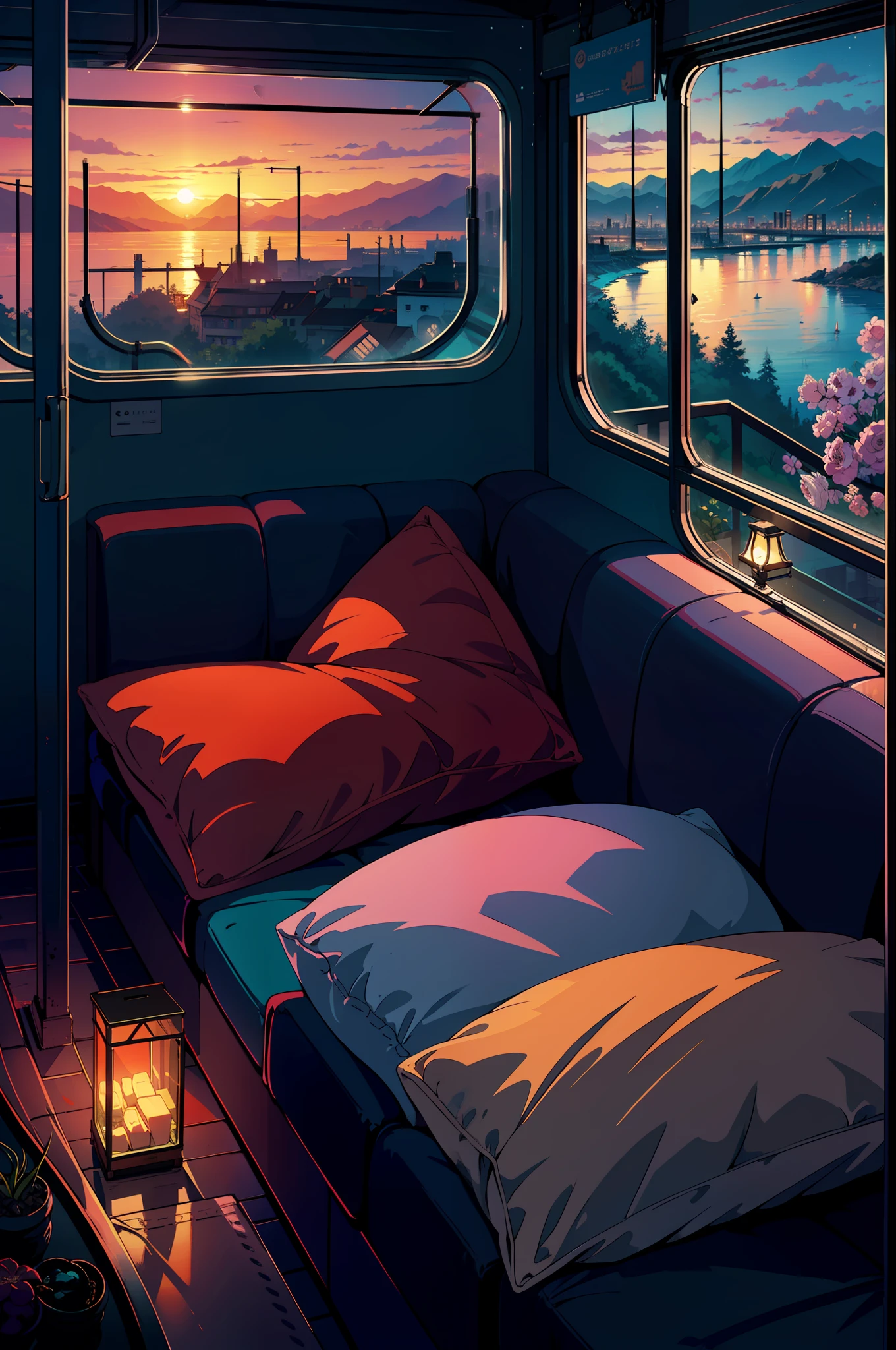 masterpiece, high quality, train, train compartment, exquisite interior, window view, bridge, sea, mountains, sunset, city, neon light, night, bed, sofa, pillows, sconces, flowers