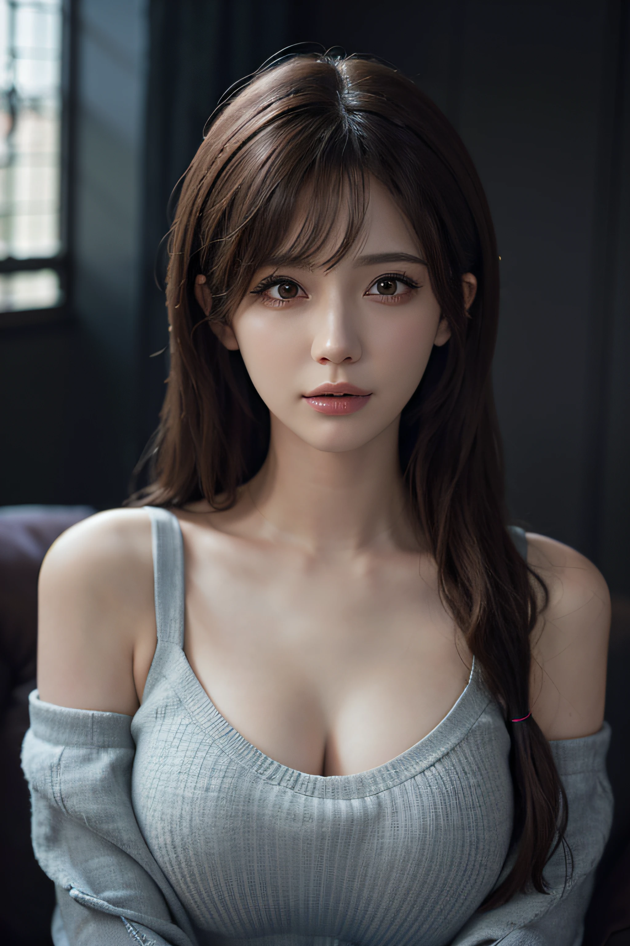 Fantasy art, photorealism, dynamic lighting, artstation, poster, volumetric lighting, very detailed faces, (official uniform: 1.4), long hair, sweater, delicate collarbone, bare shoulders, full breasts