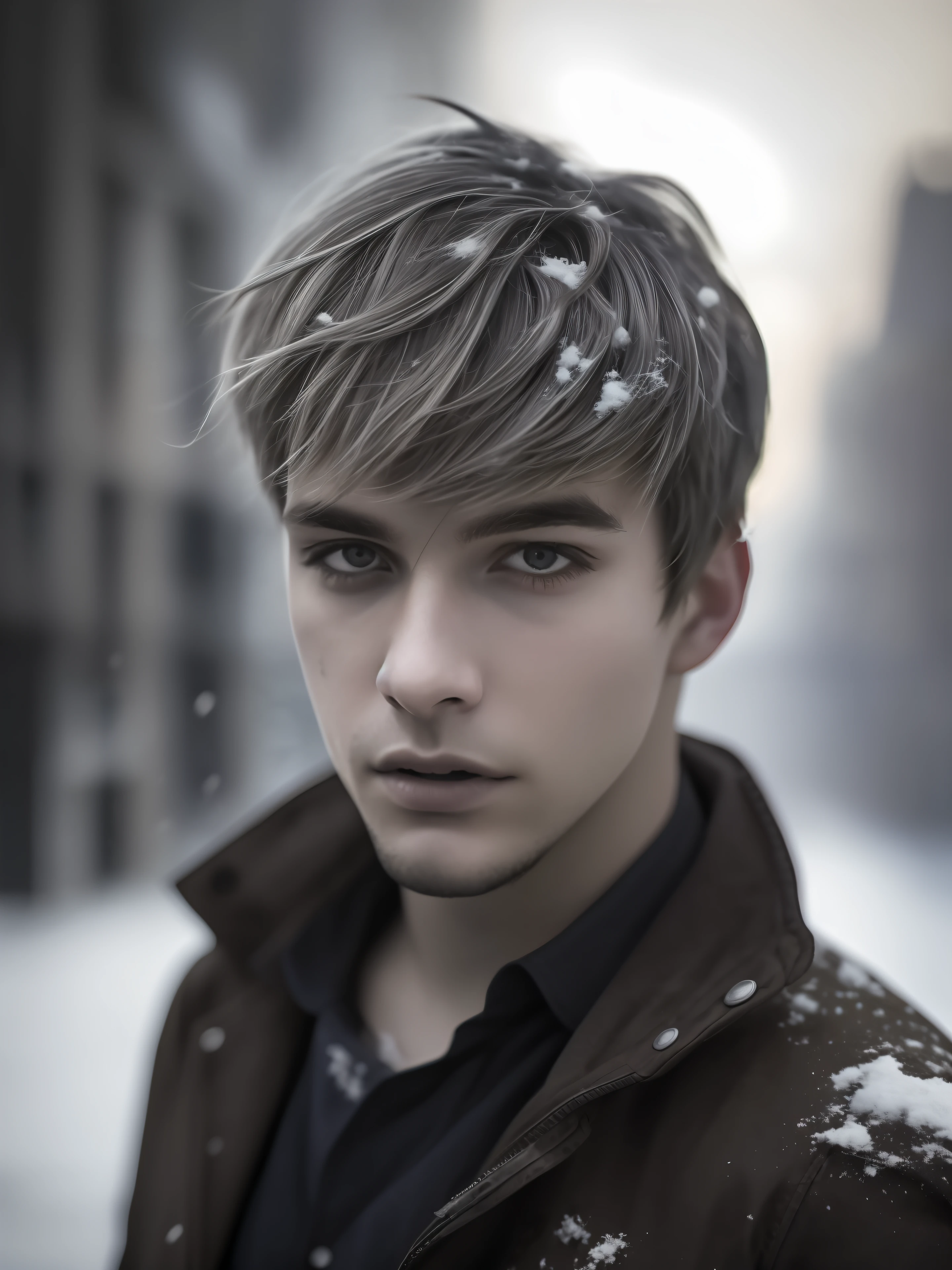Realistic photography, close-up of dirty young guy aged 15, gray hair, eye focus, 50mm f/1.4, HDR masterpiece, spectacular lighting, epic image, hair in the wind, skin, light snow, post-apocalyptic city, year 2590