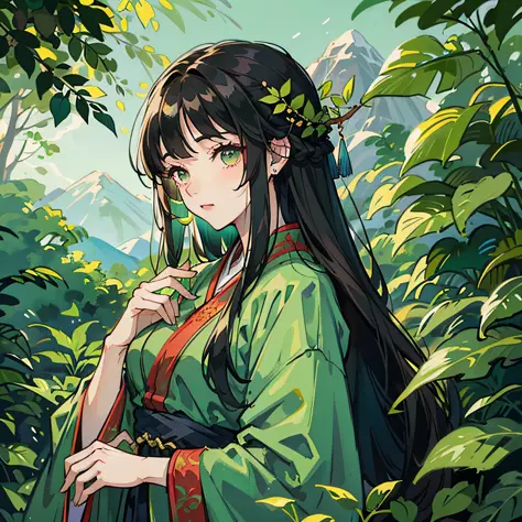 A woman in Hanfu holding a plant, the mountain as the background, surrounded by a forest full of green plants, a girl in Hanfu, she holds a green plant leaf, long black flowing hair, dark hair, super realistic details, colorful robes, national tide illustr...