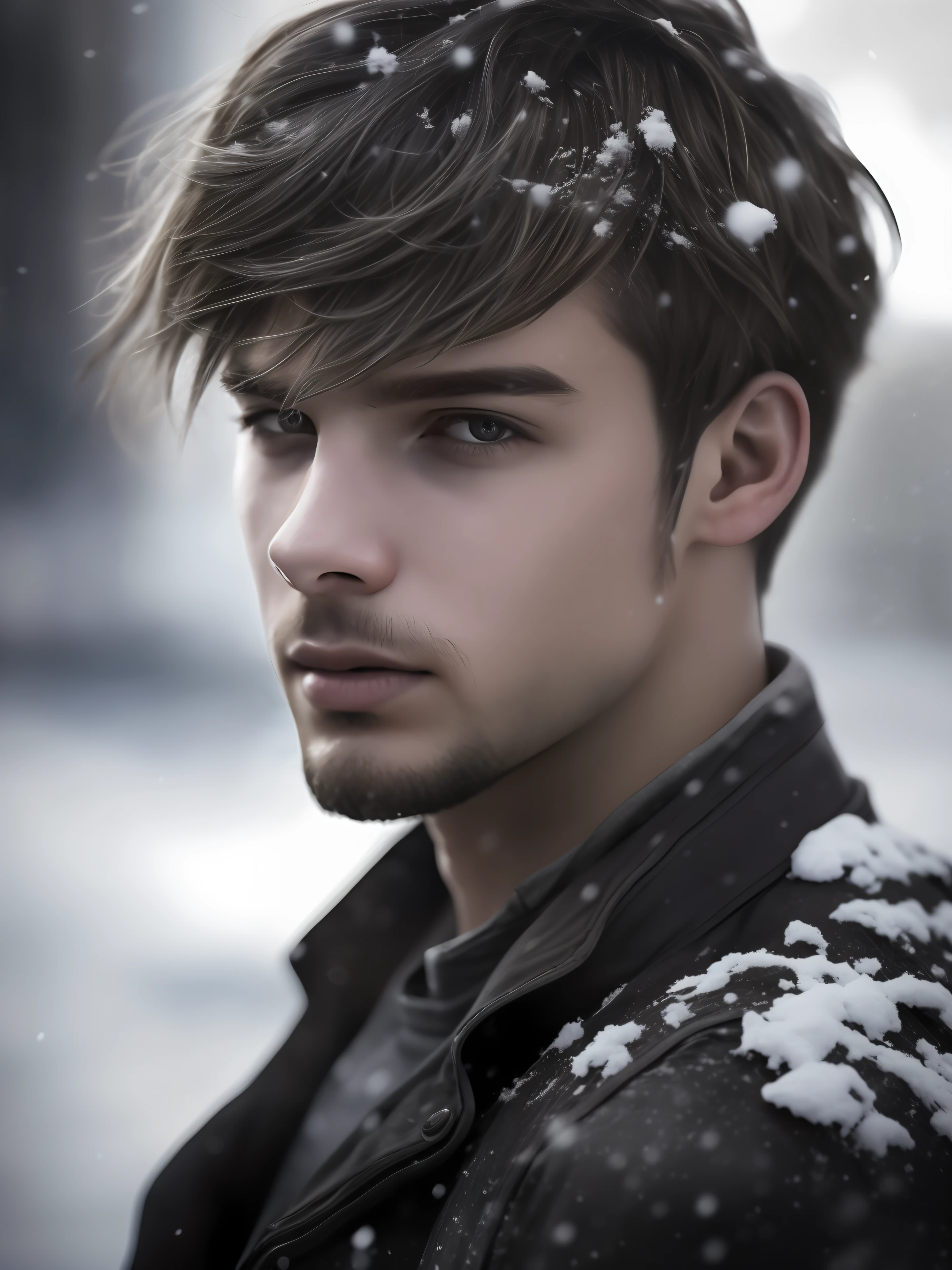 Realistic photography, close-up of dirty young guy aged 15, gray hair, eye focus, 50mm f/1.4, HDR masterpiece, spectacular lighting, epic image, hair in the wind, skin, light snow, post-apocalyptic city, year 2590