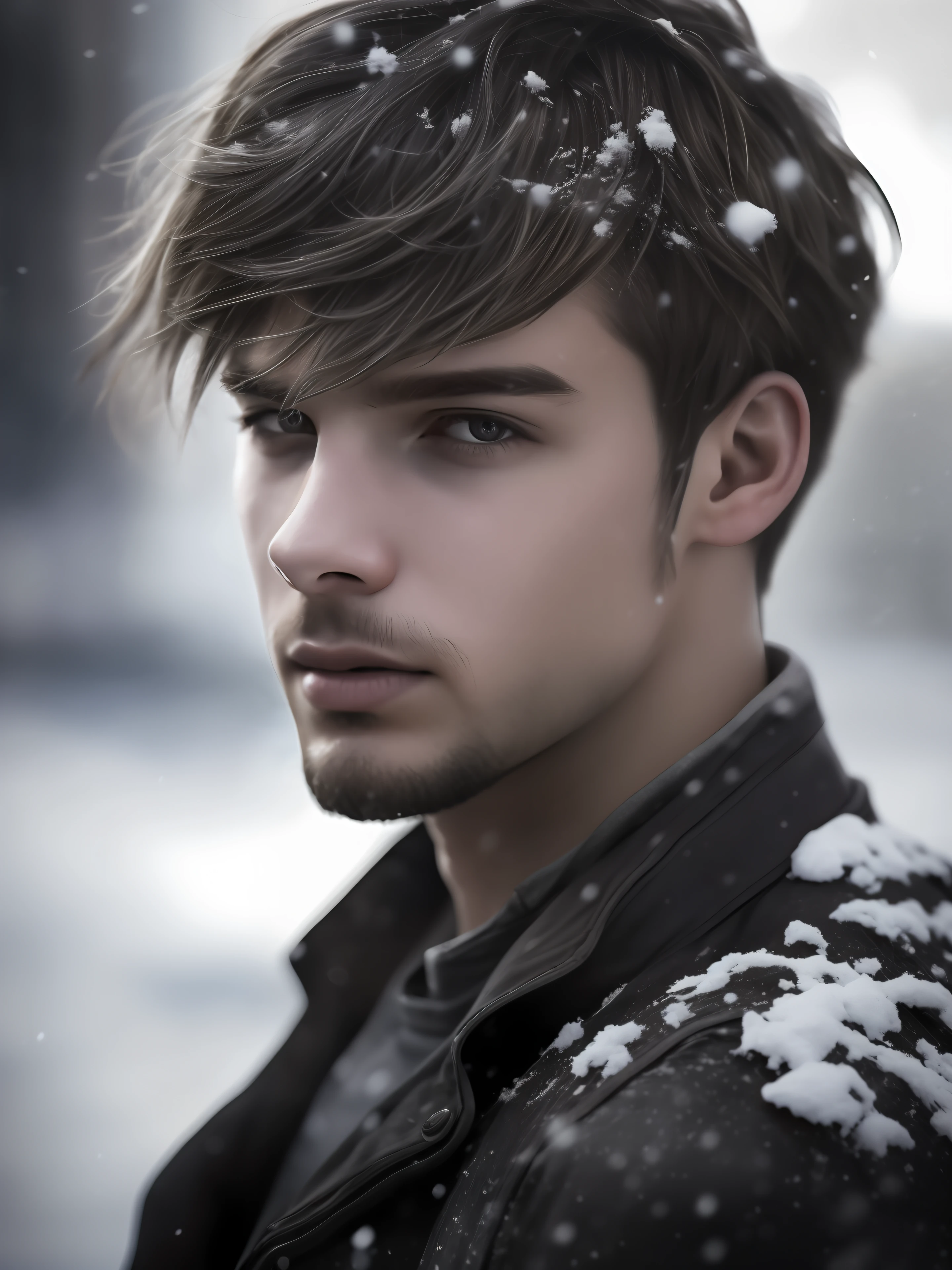 photographie réaliste, gros plan sur un jeune homme sale âgé de 15 ans, cheveux gris, mise au point des yeux, 50mm f/1.4, chef-d&#39;œuvre hdr, Un éclairage spectaculaire, image épique, cheveux au vent, peau, neige légère, Ville post-apocalyptique, année 2590