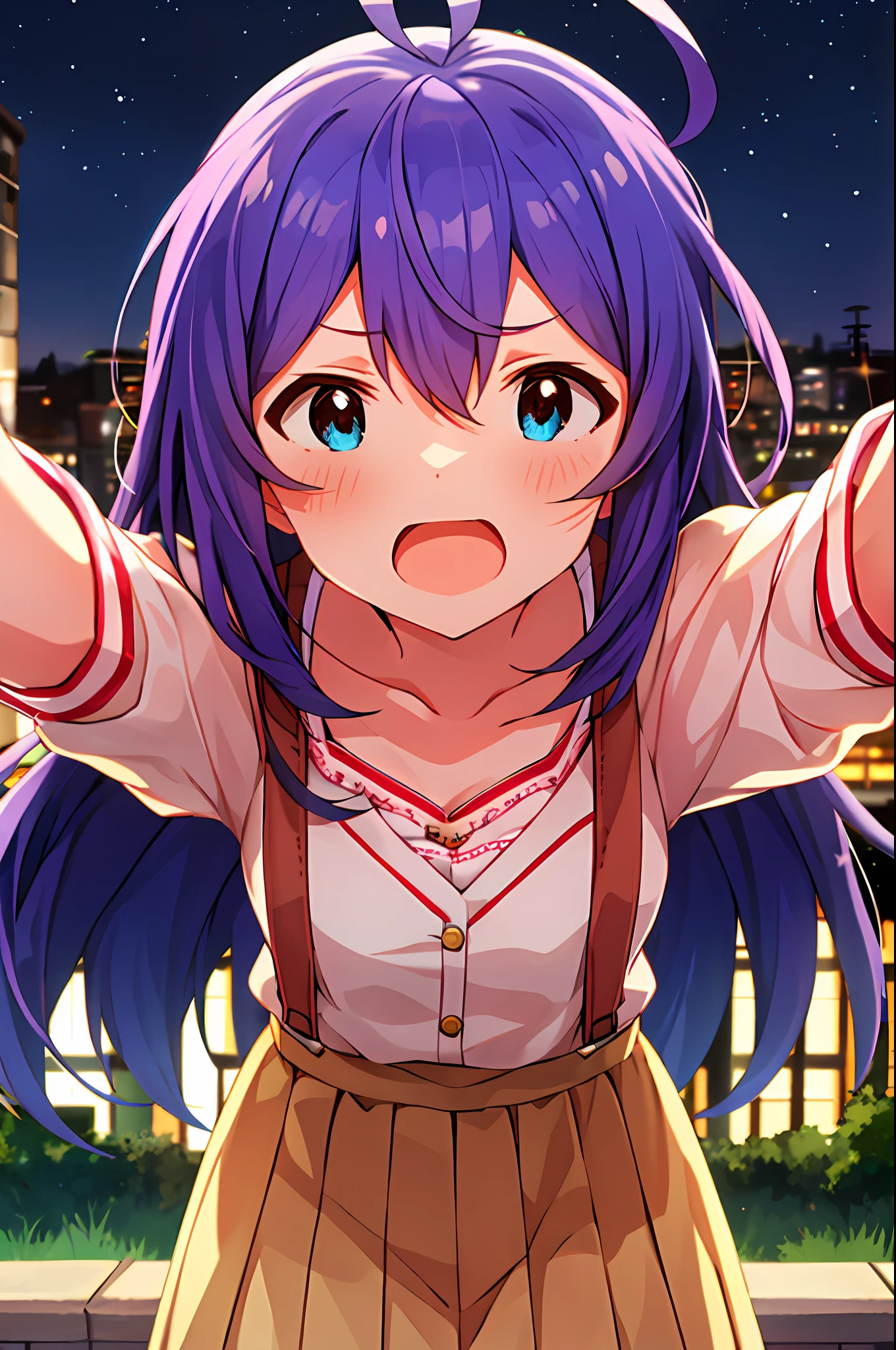 Anna Mochizuki (Million Live), (Top Quality, 8K, Masterpiece, Super Detail: 1.2), 1 Girl, Suspender Clothes.Skirt.Blushing, Clavicle, Bow, Ribbon, Blue Bow.Night.Night View.Outdoors.Chestful.Despair Face.Open Mouth.