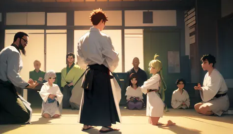 there are many people in a room with a man and a woman, in a dojo, aikido, rob rey and kentaro miura style, inspired by Baiōken Eishun, inspired by Josetsu, inspired by Kanō Eitoku, rob rey and kentarõ miura style, inspired by Gatōken Shunshi