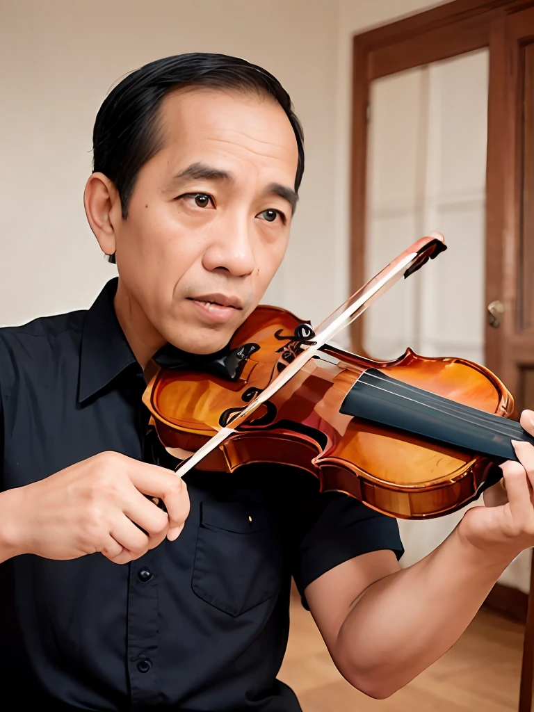 4k, Best quality, masterpiece, ultra high res, beautiful lighting, (realistic, photo-realistic:1.4), realistic background,  jokowi, 1man, 50 years old, playing violin, The musician's fingers dance along the strings, caressing them with a tender touch. Each movement is deliberate and precise, as if engaged in an intimate conversation with the instrument. The hand glides effortlessly across the fingerboard, effortlessly navigating the intricate tapestry of notes.