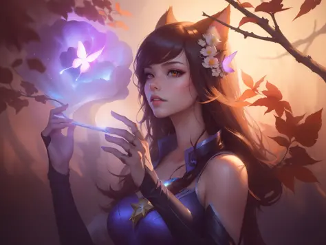 anime, a woman with a butterfly in her hand, holding a glowing star, portrait of ahri, extremely detailed artgerm, artgerm detailed, artgerm lau, fantasy art style, style artgerm, ! dream artgerm, artgerm and atey ghailan, ahri, artgerm art, artgerm and ro...