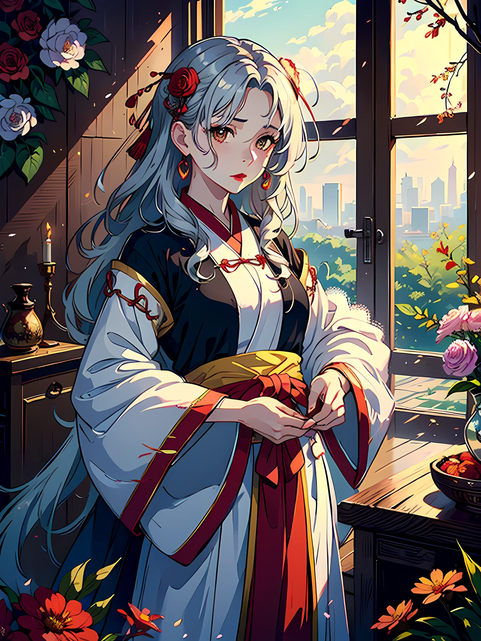 Masterpiece, best quality, very detailed, detailed background, detailed face, 1 girl, [silver hair], [brown eyes], [straight | wavy hair], (messy hair, fluffy hair, long hair: 1.1), landscape, atmospheric lighting, light, sparks, red lips, Hanfu, Chinese clothing, flowers, jewelry, petals, wide sleeves, shining,