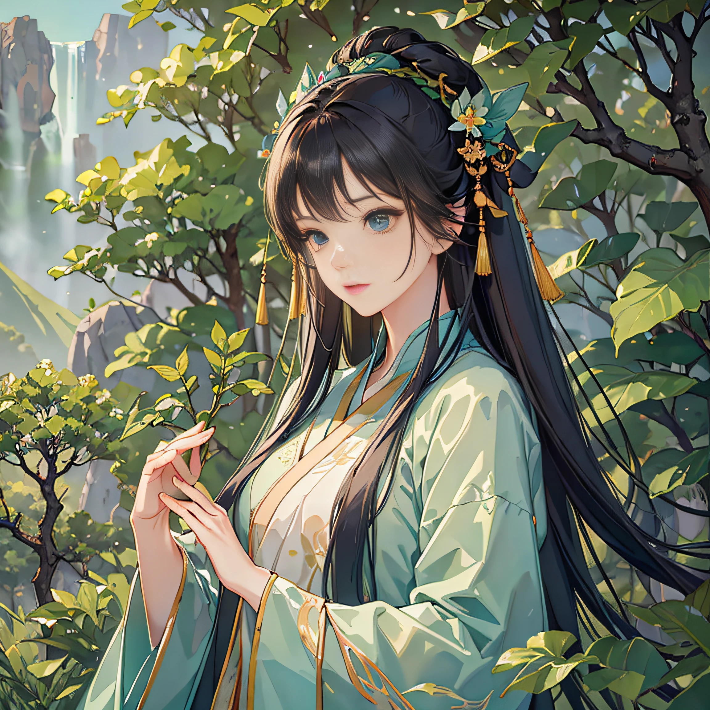 A woman in Hanfu holding plants, mountains as the background, surrounded by a forest full of green plants, a girl in Hanfu, the color of the clothes is very bright, she holds a green plant leaf, finger details are clear, black flowing long hair, dark hair, details are super real, colorful robes, realistic national tide illustrations, slightly Miyazaki style --auto --s2