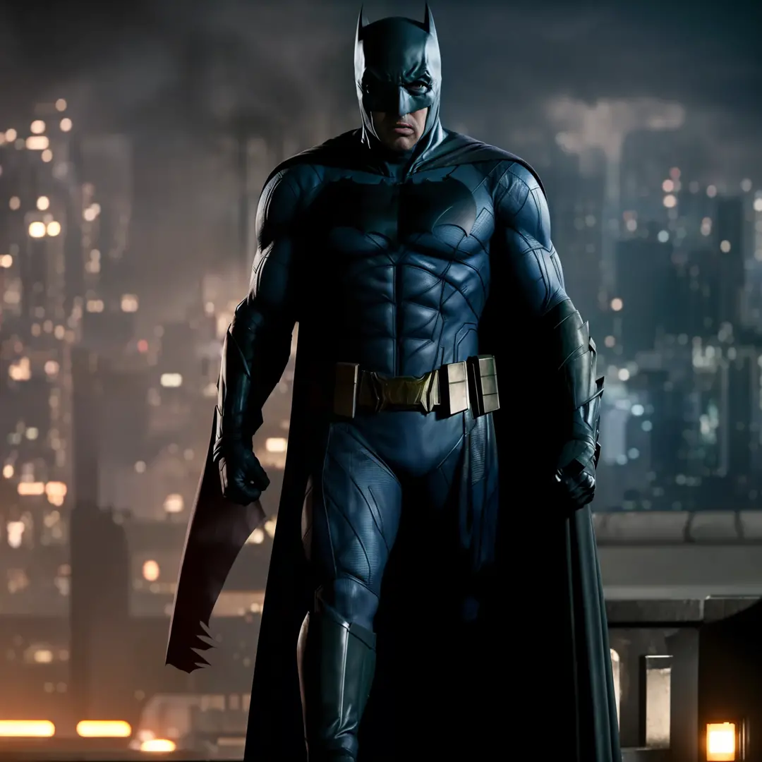 Batman looking at gotham, dramatic lighting, ultra realistic, UHD, ((Ben Affleck as batman)), black and gray uniform,