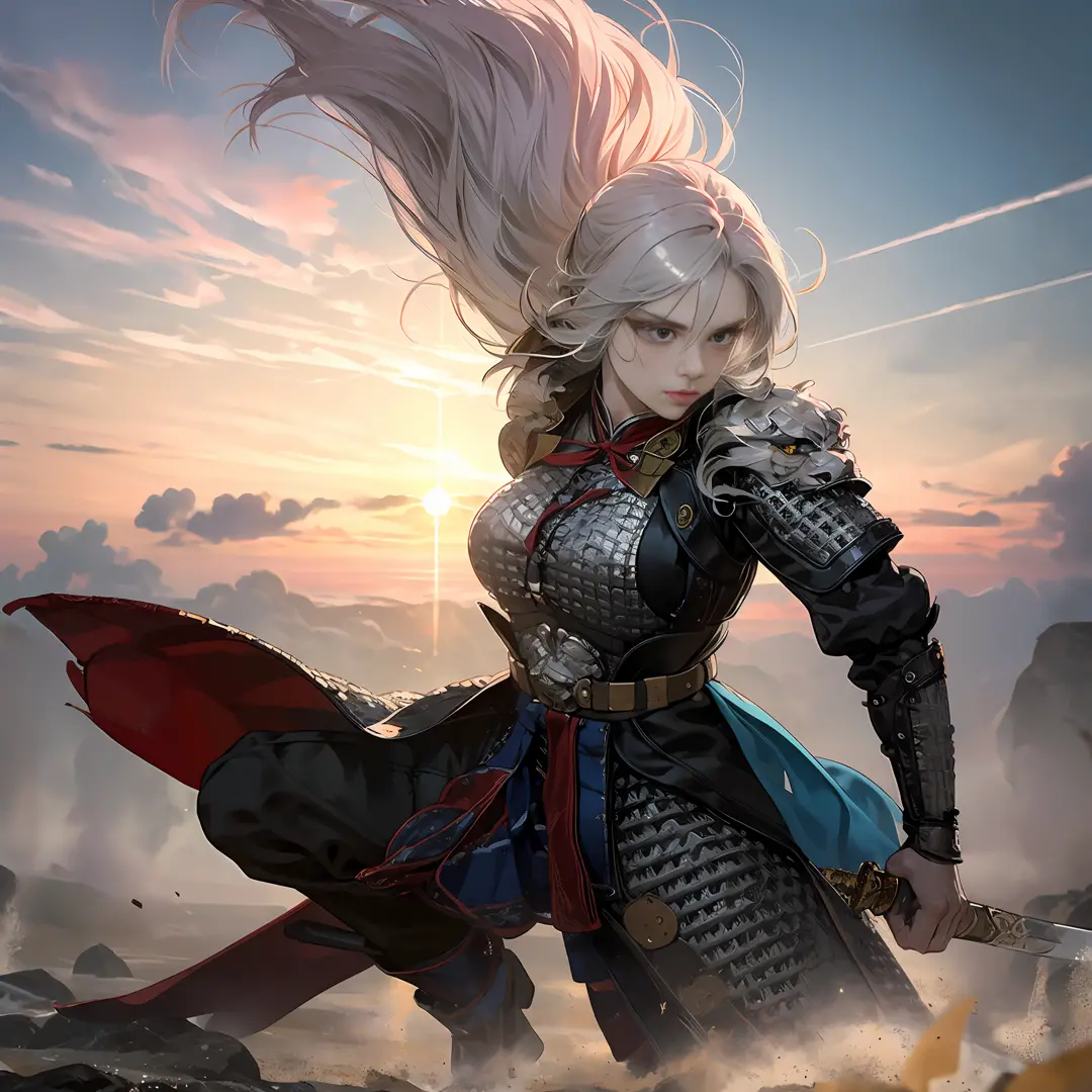 1 girl, textured skin, delicate face, flowing clouds, surrounded by enemies, fighting action, sword qi blaster, anger, wind, gunsmoke, motion blur, panorama, looking at the audience, best quality, 32k
