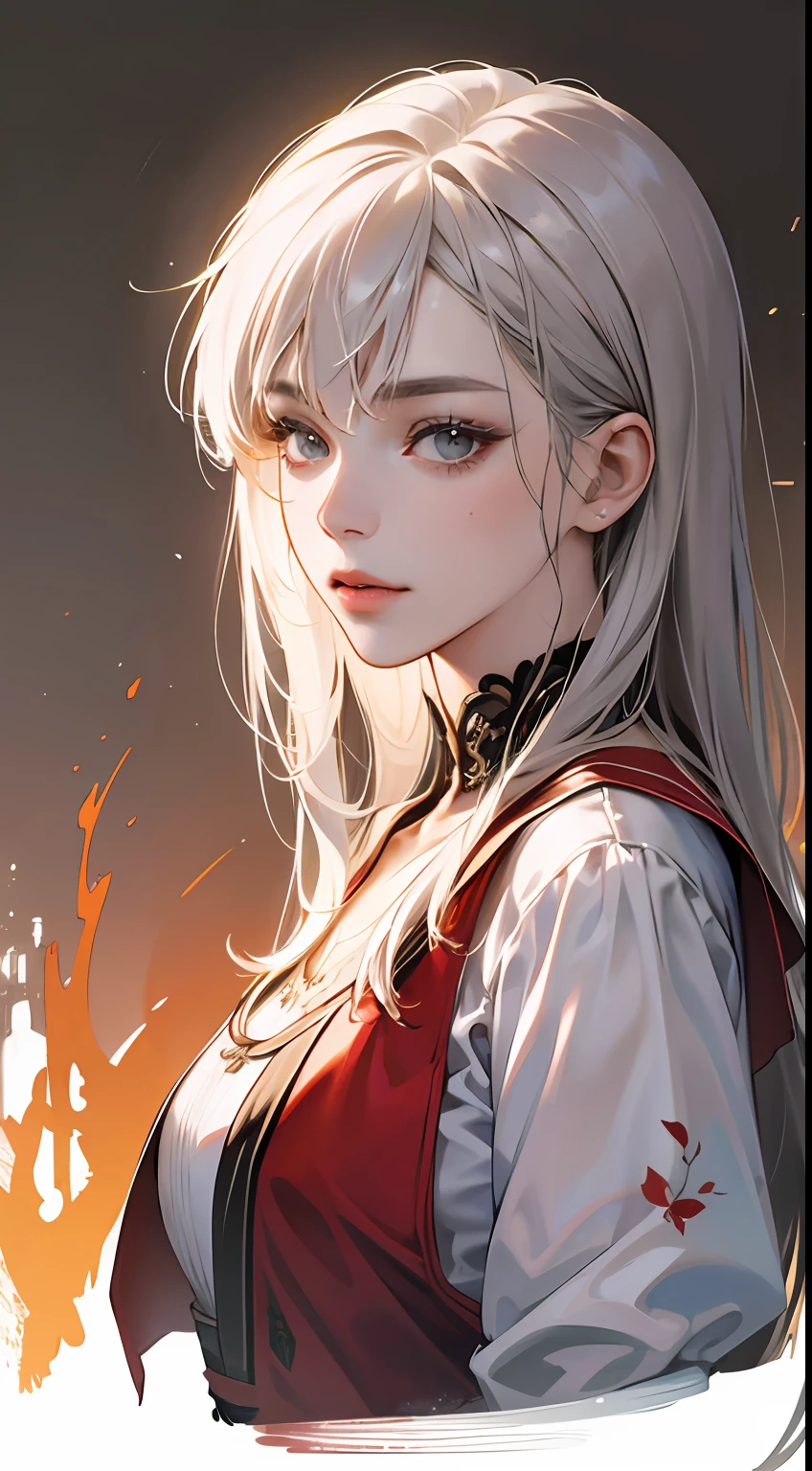 Una pintura de una mujer con cabello gris y una parte superior naranja, impresionante retrato de cara de anime, hermosa pintura de personajes, hermoso retrato animado, Su imagen está renderizada con pintura roja, presentando un efecto impresionante. La pintura es muy detallada, Representar rostros y ropa de mujeres. Su cara tiene un efecto de goteo cremoso, lo que hace que toda la cara sea más vívida. Ella lleva un hermoso atuendo detallado con cabello gris pálido. Los trajes de los personajes femeninos están vestidos con atuendos tradicionales, mostrando un encanto clásico.