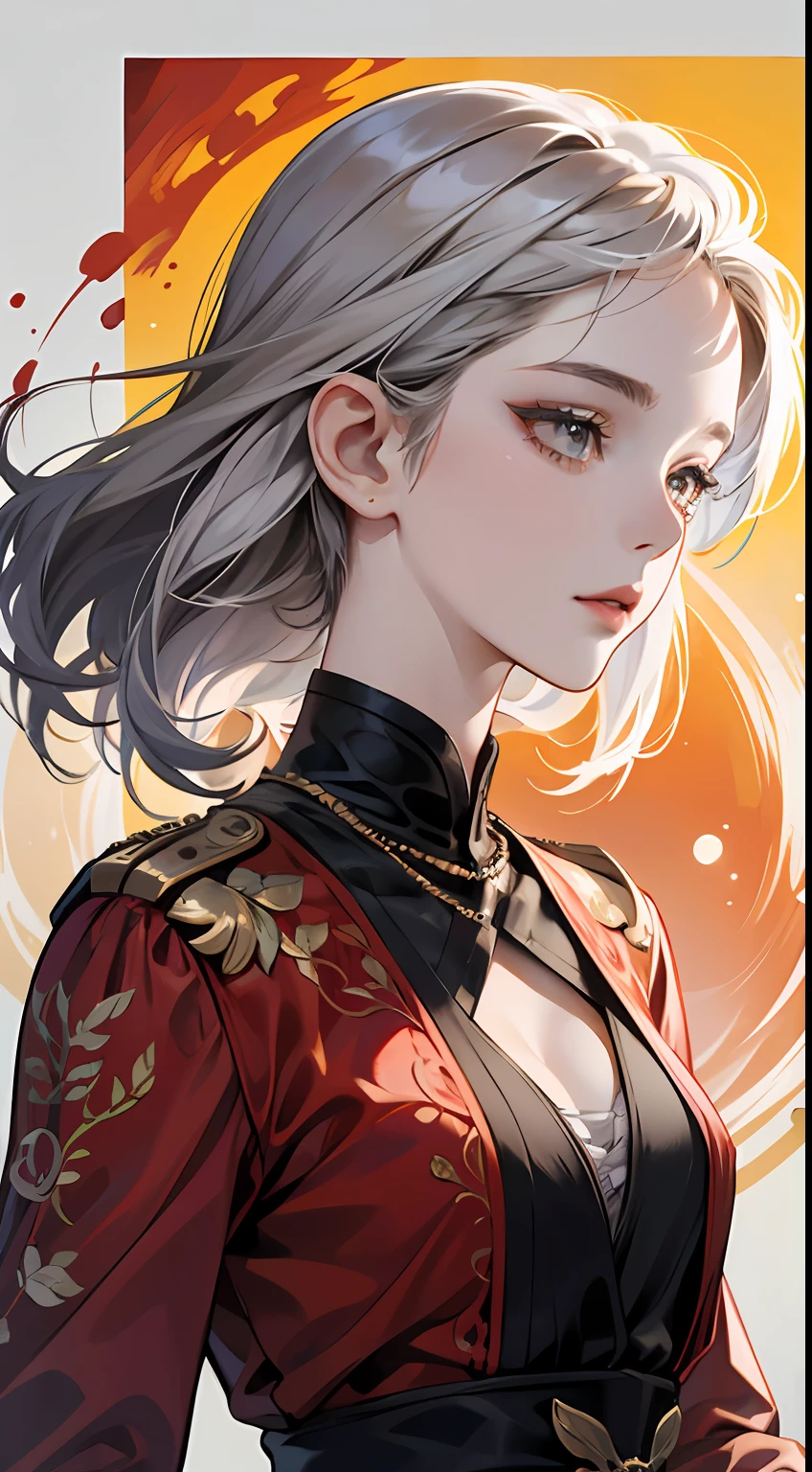 A painting of a woman with gray hair and an orange top, stunning anime face portrait, beautiful character painting, beautiful anime portrait, her image is rendered by red paint, presenting a stunning effect. The painting is very detailed, depicting women's faces and clothing. Her face has a creamy dripping effect, which makes the whole face more vivid. She wears a beautiful detailed outfit with pale gray hair. The proportions are accurate, and the costumes of the female characters are traditionally dressed, showing a classical charm.