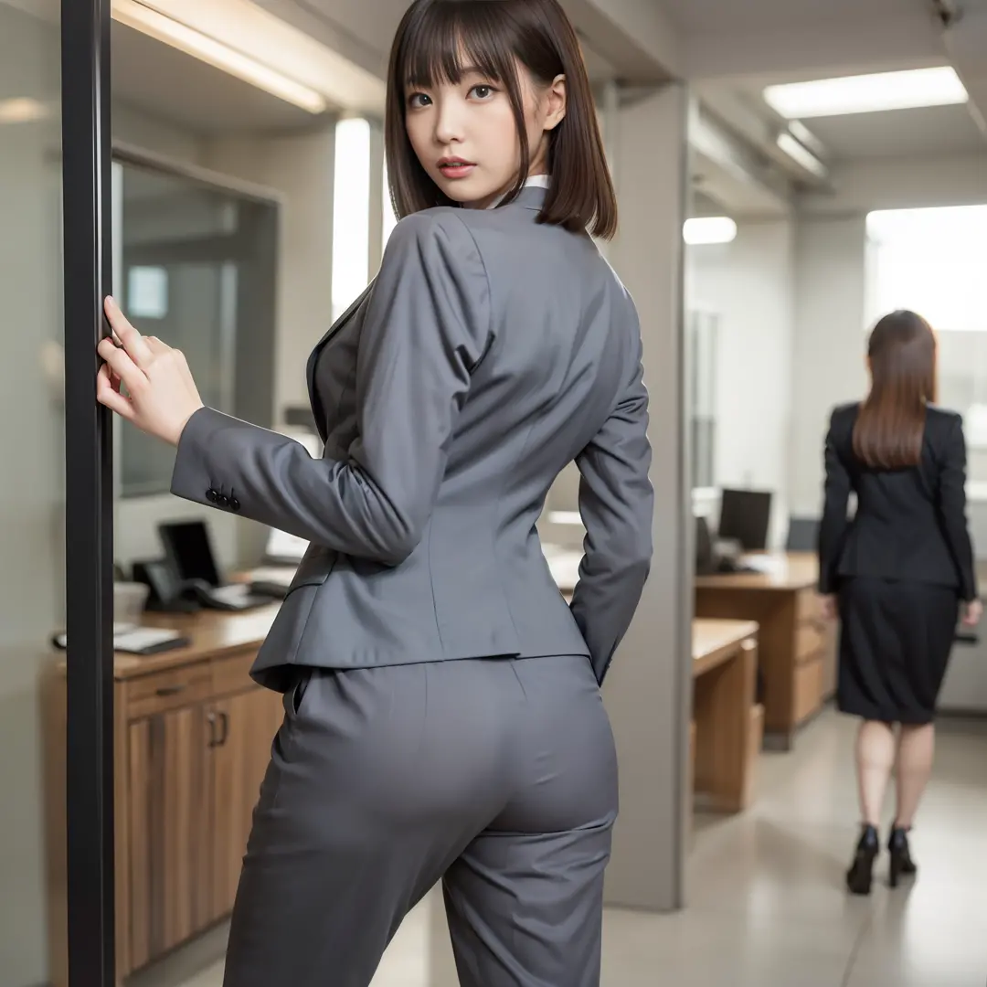 (Best Quality, 8k, 32k, Masterpiece, UHD: 1.2), 1 Girl, Beautiful Japan Woman, Thin Waist, Gray Suit, Open Jacket, Office Lady, Suit, Pants, From Back, Office, Turn, Office, Desk, (Stick Out Butt: 1.2), Fine Face, Brown Hair, Bob Hair, Saggy Eyes, Muscular...