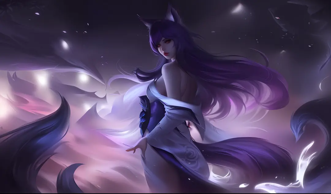 a woman in a white dress with purple hair and a long tail, ahri, portrait of ahri, seraphine ahri kda, ahri from league of legends, league of legends concept art, league of legends character art, extremely detailed artgerm, from league of legends, league o...