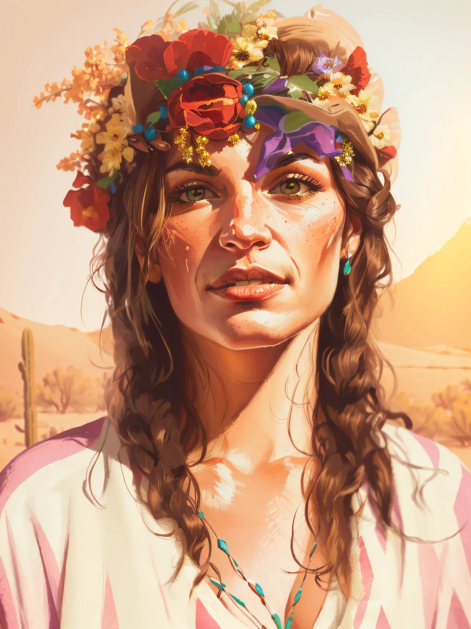 HD, (Best Detail) (Best Quality), Meticulous Facial Features, R3DD34D Style, Digital Painting, Cowboy Hat, (Bright Brown Poncho: 1.3), In the Desert, (Red Sky: 1.3), There is a Woman with a Flower Crown on Her Head,